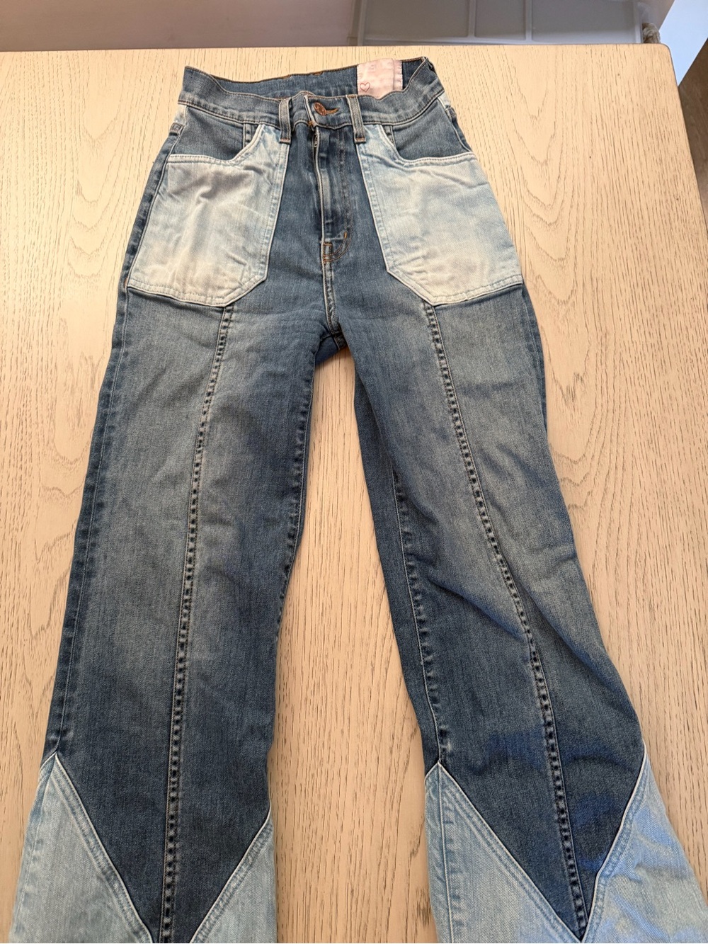 REVICE Two-Tone Denim Flare Jeans in Light & Medium Blue